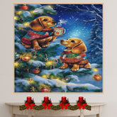 Christmas Dachshund Puppies in Festive Sweaters with Hot Cocoa and Ornaments in a Snowy Night Scene Art Print for Holiday Home or Nursery Display on Ready to Hang 1.5" Thick Canvas Wrap, Floating Framed Canvas, Flat Rolled Canvas